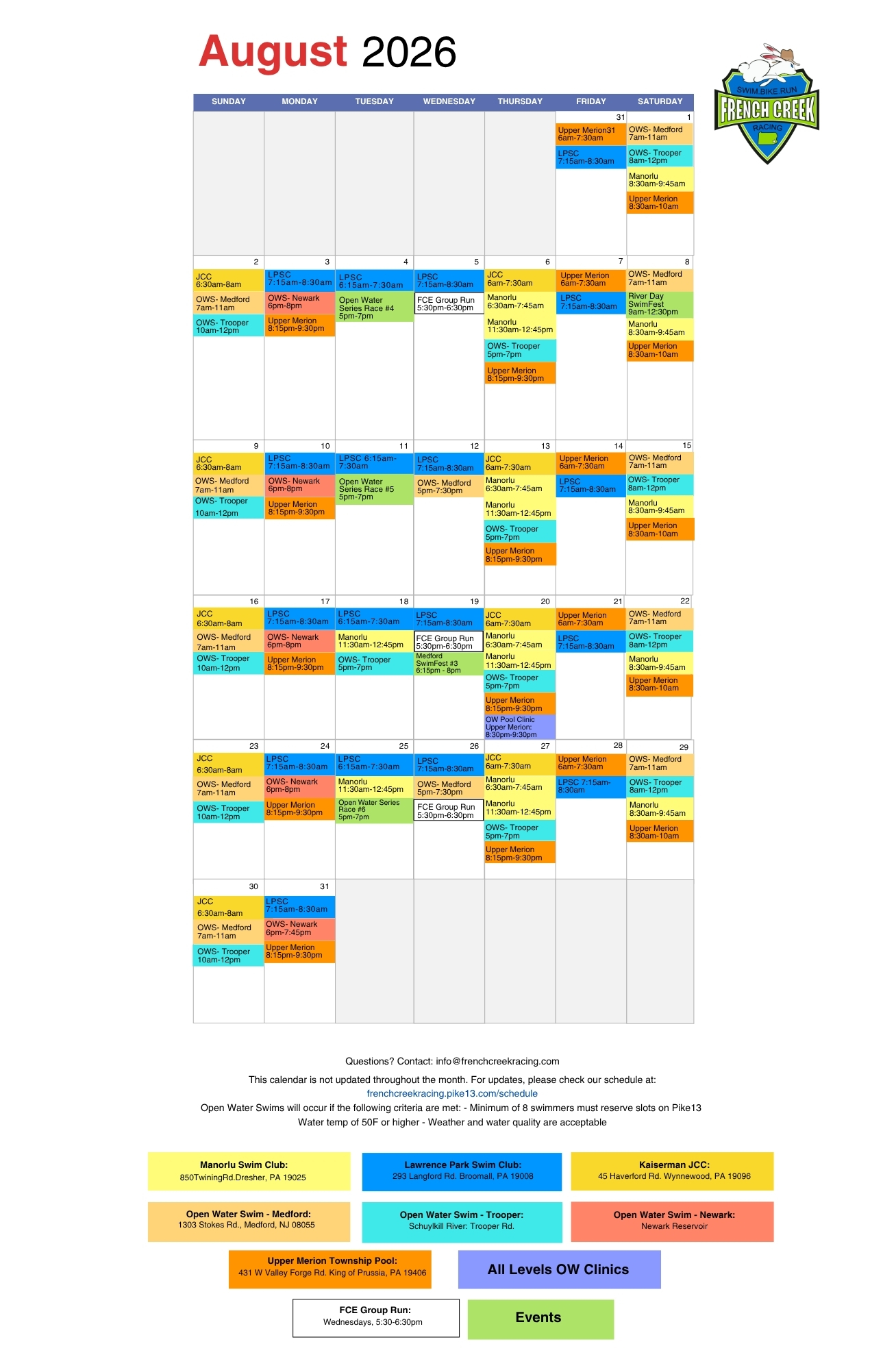 FCR Calendar August 2026